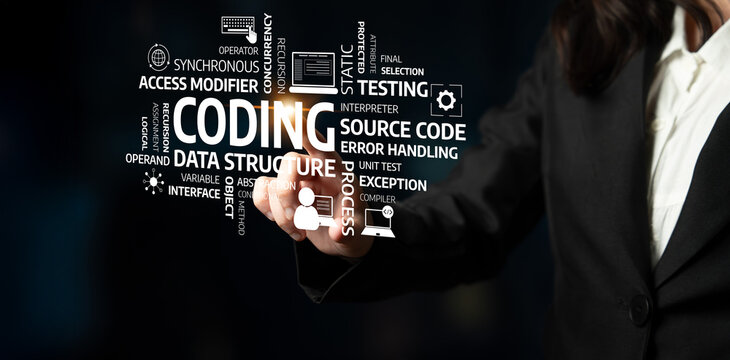 A professional female programmer illustrates key coding concepts in a modern tech environment, showcasing terms related to software development and data management. Tessel