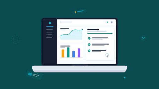 Animated business dashboard on laptop screen showing data visualization charts and analytics.
