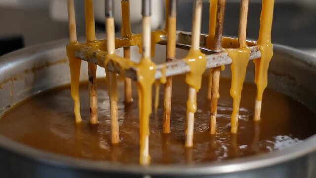 Candle dipping rack lowering rows of wicks into melted wax and rising