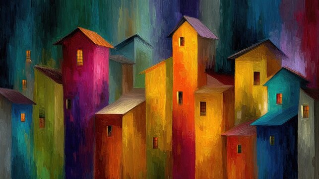 Vibrant, stylized village scene with colorful houses