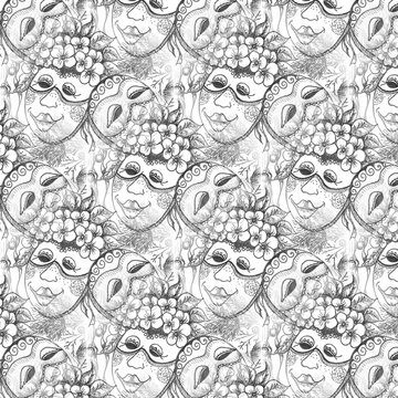 Hand drawn carnival mask seamless pattern in zentangle style with decorative hats and festive elements
