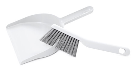 Cleaning broom and dustpan isolated on white