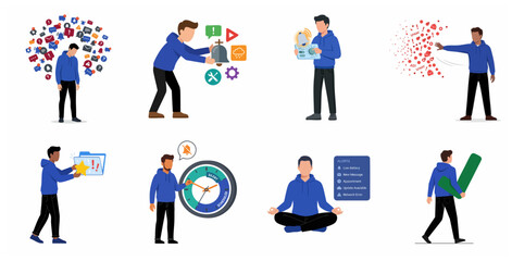 Set of character illustrations for digital notification management, information overload stress, and healthy work-life balance © Zarra