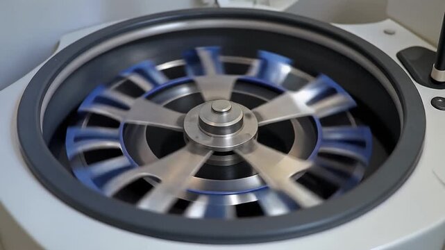Centrifuge rotor spinning rapidly inside an open laboratory centrifuge