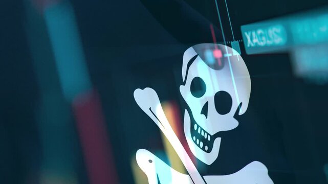 A dynamic timelapse video featuring fast moving stock market candlestick bars blended with a waving Jolly Roger flag, representing financial cybercrime, stock market hacking, and digital piracy.