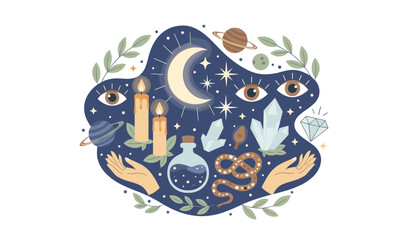 Fototapeta premium Mystical and magical celestial illustration featuring a crescent moon, crystals, candles, hands and a snake on dark blue background.