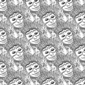 Hand drawn seamless pattern in zentangle style with mysterious ghostly faces