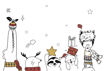 Fototapeta premium Hand drawn animals enjoying a Christmas holiday