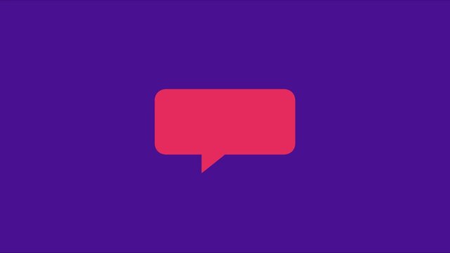 Minimalist red speech bubble animation on purple 4k background, for digital communication, and social media, messaging concepts