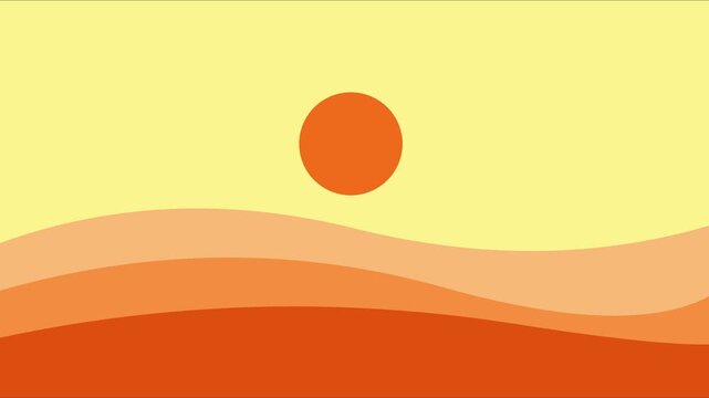 Minimalist sunset landscape motion animation 4k background, with rolling orange, hills and sun