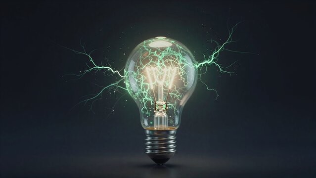 Glowing light bulb with electric sparks, symbolizing innovation and energy.