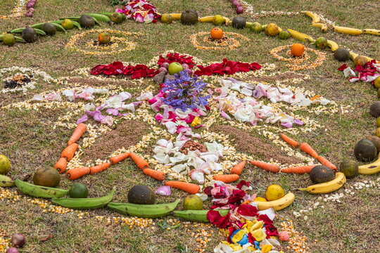 Sacred Chakana (Andean Cross), an ancient ancestral ceremony of the indigenous peoples of the central Andes made of flower petals, seeds, and natural elements, held to honor Pachamama (Mother Earth)