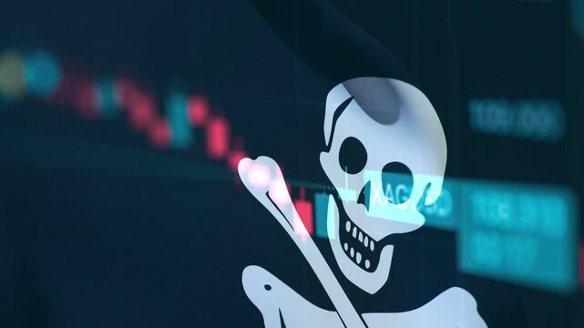A dynamic timelapse video featuring fast moving stock market candlestick bars blended with a waving Jolly Roger flag, representing financial cybercrime, stock market hacking, and digital piracy.
