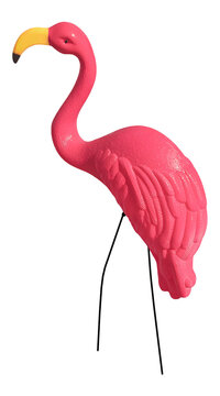 Pink plastic yard flamingo for lawns. Isolated on a transparent background.