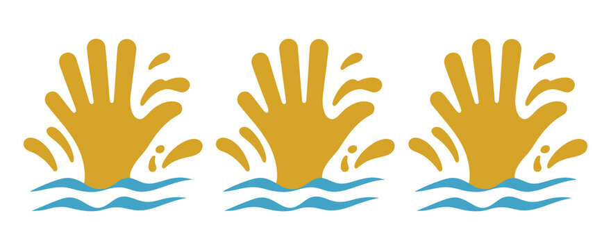 Hands Waving in Water Featuring Orange Hands Emerging from Blue Waves with Dynamic Splashes for Movement, Swimming, Rescue, and Interaction