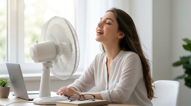 Young woman enjoying cool breeze from a desk fan