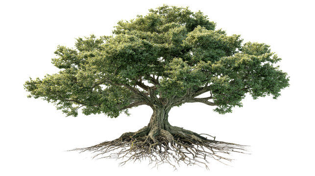 Mature tree with broad green canopy, exposed roots, and detailed isolated form for nature design