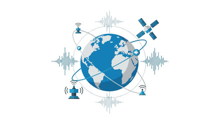 Naklejka premium Global Communication Network Concept Vector Illustration with Earth Globe, Satellite, Radio Waves, and Telecommunication Towers for Data Transmission and Connectivity.