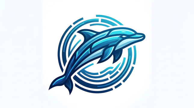 Abstract dolphin logo with blue geometric circular pattern