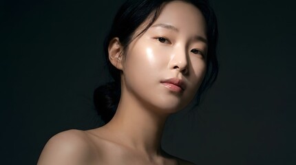 Fototapeta premium Young woman with glowing skin posing against dark background beauty portrait clear complexion