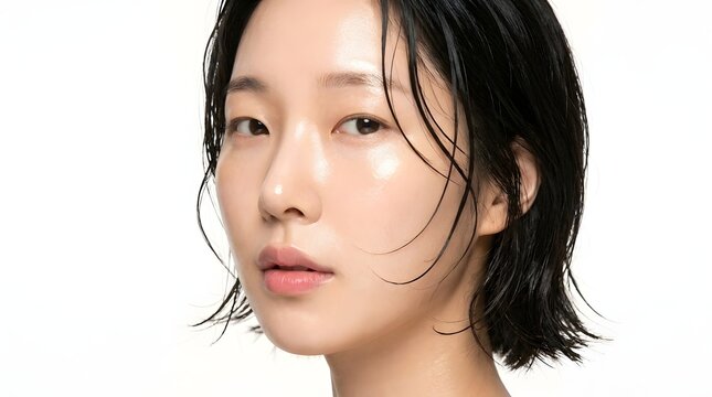 Woman with wet skin and hair after washing face skin care young woman damp hair glowing skin