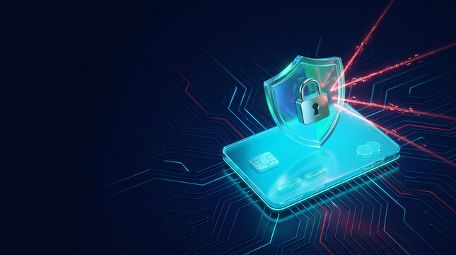 Credit Card Protected by Glowing Security Shield and Padlock