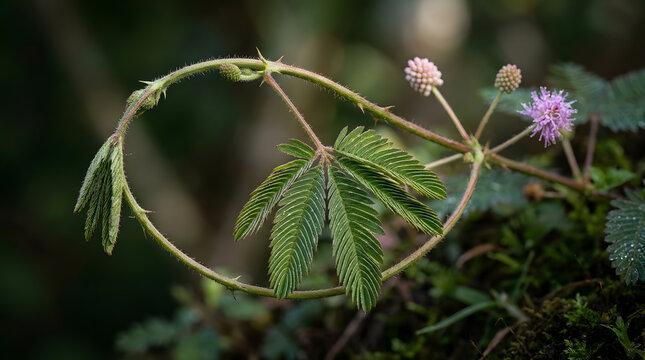 Close-up of Mimosa Plant with Pink Flowers in Natural Setting