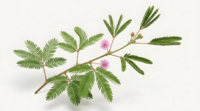 Mimosa plant branch with delicate pink flowers on white background