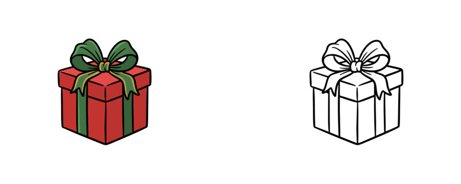 Gift box cartoons illustrations in flat red colored and black line art styles isolated on white background for holiday presentation and birthday celebration