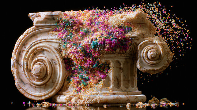 Ai generated stone ionic column exploding with multicolored confetti, architecture