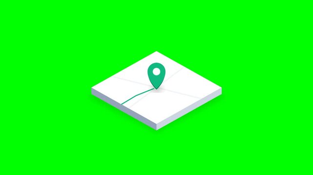 A modern, stylish isometric card layout with a clean green location pin, 8-second looping animation, smooth drop, and green screen background