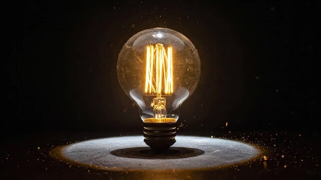 Glowing Edison lightbulb on a dark reflective surface.