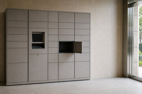 Modern parcel locker wall in a Korean apartment lobby for last mile delivery