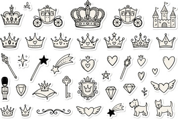 Obraz premium Princess doodle sticker set with crowns and carriages. Hand drawn royal icons collection. Black and white fairy tale vector illustrations.