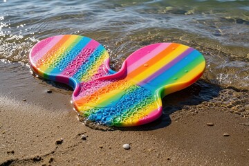 Obraz premium Colorful rainbow plastic sand paddle lies on wet beach sand in shallow ocean water. Bright summer toy partially submerged by small sea waves. Kids play equipment at tropical seashore during sunny