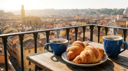 Obraz premium Two cups of hot coffee and croissants sit on a table on a balcony overlooking a European city. Morning light shines on the breakfast spread, with buildings stretching to the horizon.