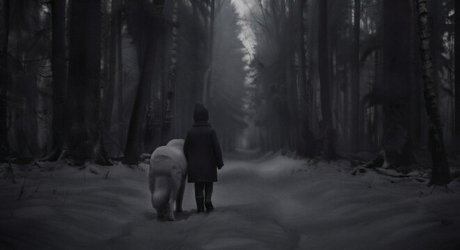 A young girl and a white dog walking together on a snowy path through a serene winter forest in monochrome, Tokachi, Hokkaido