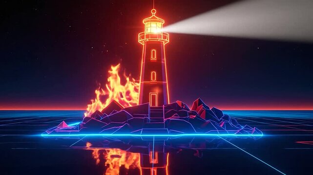 Neon lighthouse on a digital grid horizon.