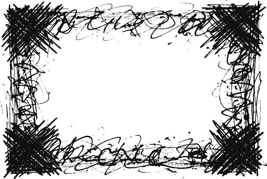 Grunge hand drawn scribble frame, messy black ink border vector, abstract charcoal sketch rectangular background for artistic posters