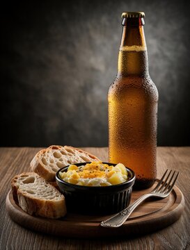 Cold beer bottle next to huevos rotos tapa with bread and fork on wooden table. Refreshing drink paired with fried egg and potato appetizer.