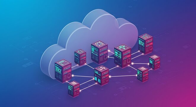 Cloud Computing Network: A stylized illustration depicts a network of servers interconnected and linked to a prominent cloud icon, symbolizing the concept of cloud computing and data storage.