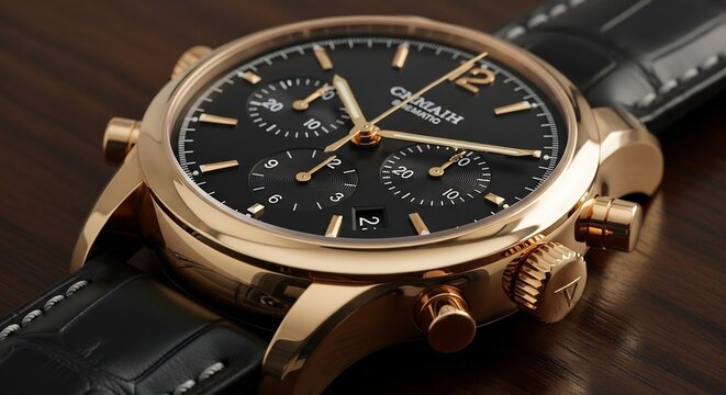 Elegant Chronograph Watch: A meticulously crafted rose gold chronograph watch with a classic black dial and leather strap rests on a rich wooden surface, exuding sophistication and timeless style.