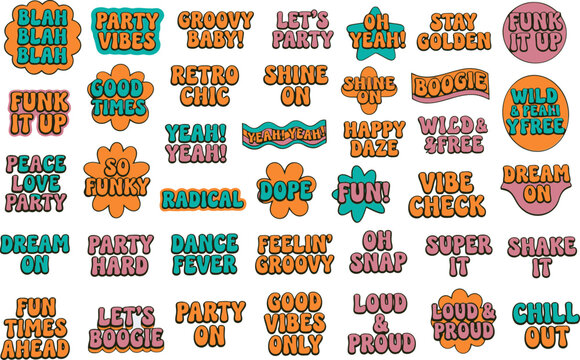 Retro 70s groovy sticker set, vintage typography badges with party quotes, 35 colorful vector patches for social media