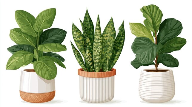 Three Potted Houseplants Fiddle Leaf Fig Snake Plant and Rubber Plant