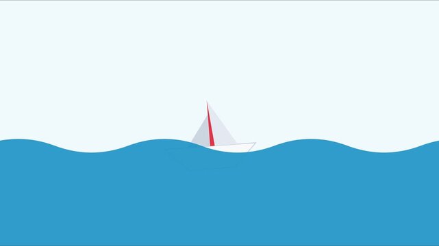 Minimalist paper boat sailing on blue ocean waves animation 4k