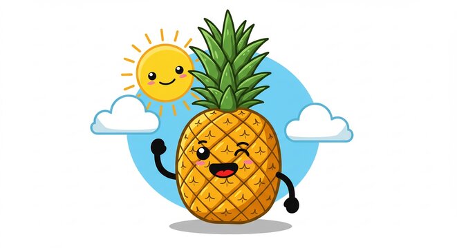Sunny Pineapple Pal: A cheerful cartoon pineapple character, complete with waving arm and winking eye, enjoys a bright sunny day with a happy sun and fluffy clouds in the background.