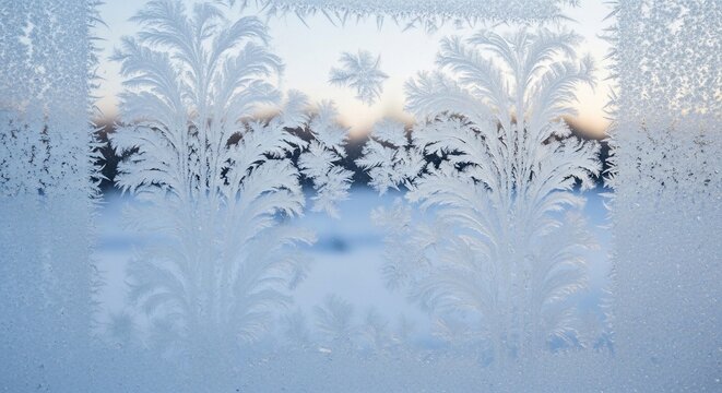 Frost patterns on a window glass display intricate crystal formations during a cold winter day.