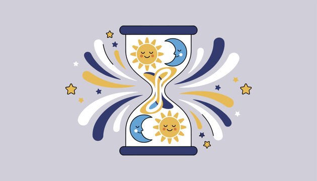 Beautiful hourglass illustration decorated with sun and moon faces, representing the passage of day and night.