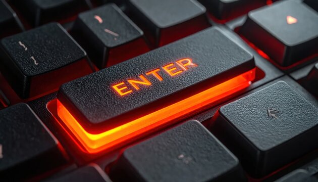 Closeup of glowing orange enter key.