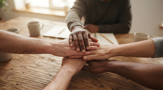 Diverse Group of People Joining Hands Together in Unity and Teamwork on a Rustic Wooden Table for Cooperation and Support